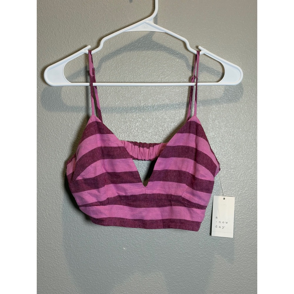 A New Day Pink Berry Striped Linen Blend Crop Cami Top V-Neck Small NWT